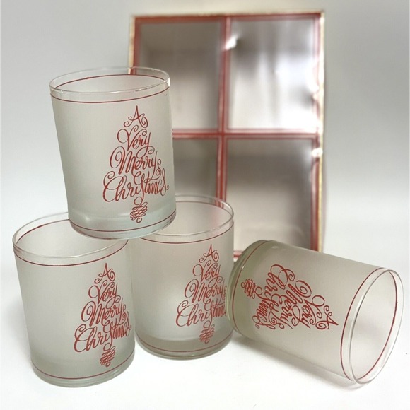 CULVER‎ "A Very Merry Christmas" Tree Red on Frosted Glass 14 oz Set of 4 NIB - Picture 1 of 10
